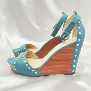 Via Spiga Mercato Turquoise Leather Studded Wedge Sandals - Sz 8.5M
